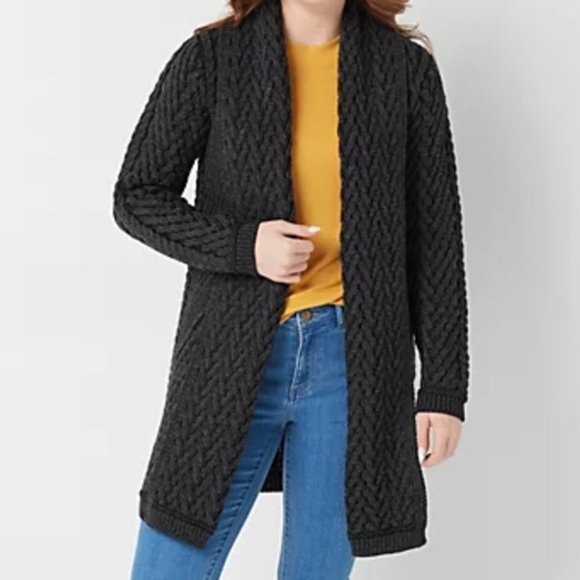 aran craft merino wool open front cardigan with pockets